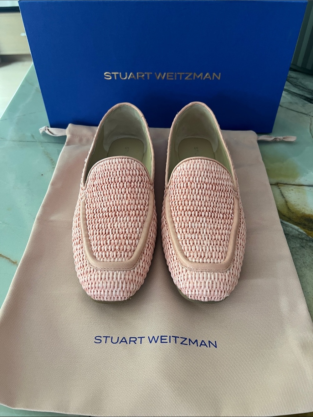 Stuart Weitzman Lee Loafer Pink Marshmallow New Basket Raffia